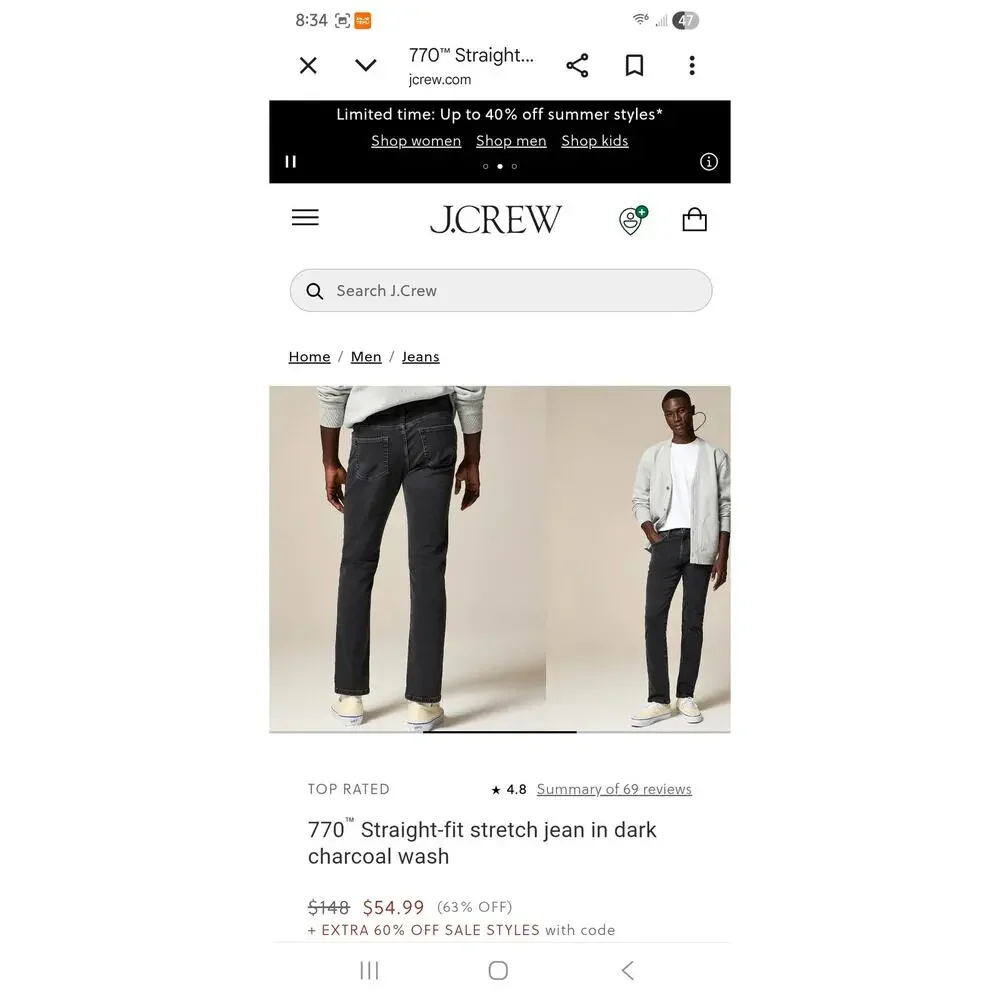 NWT J. Crew Men's 770™ Straight-Fit Stretch Jean In Dark Charcoal Wash Black 30